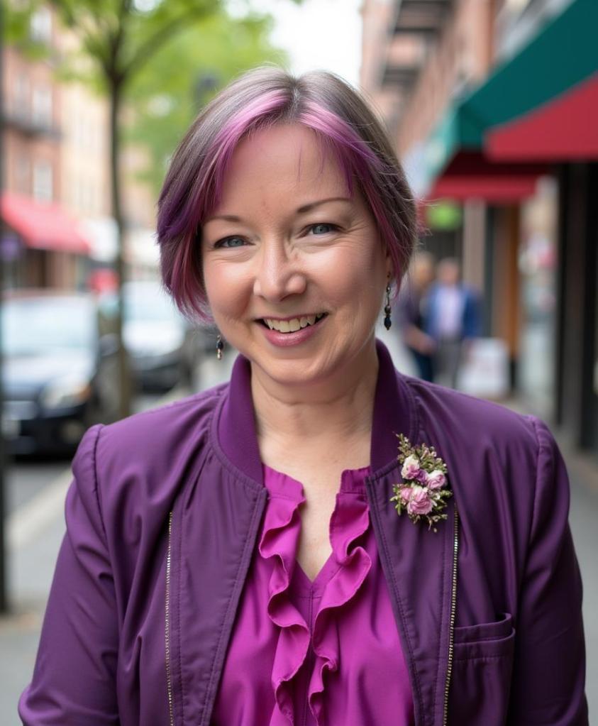 Carmen Shenk wearing purple with a small broach.